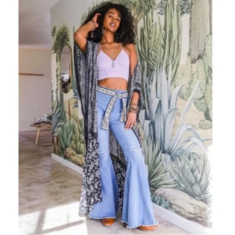 SOLD OUT Black Paisley Tapestry Free Flow Kimono Open Duster Coverup Wrap Top - Picture 2 of 5